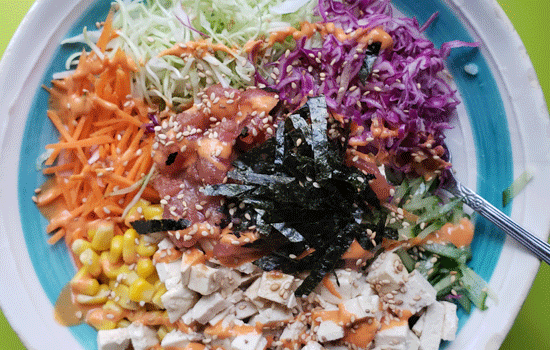 Colourful dinner from a vegetarian restaurant on blue and white plate. Courtesy of saVeg